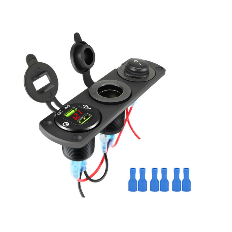 Refitting double USB metal car charging power socket waterproof switch combination QC3 0 fast charge 12-24V