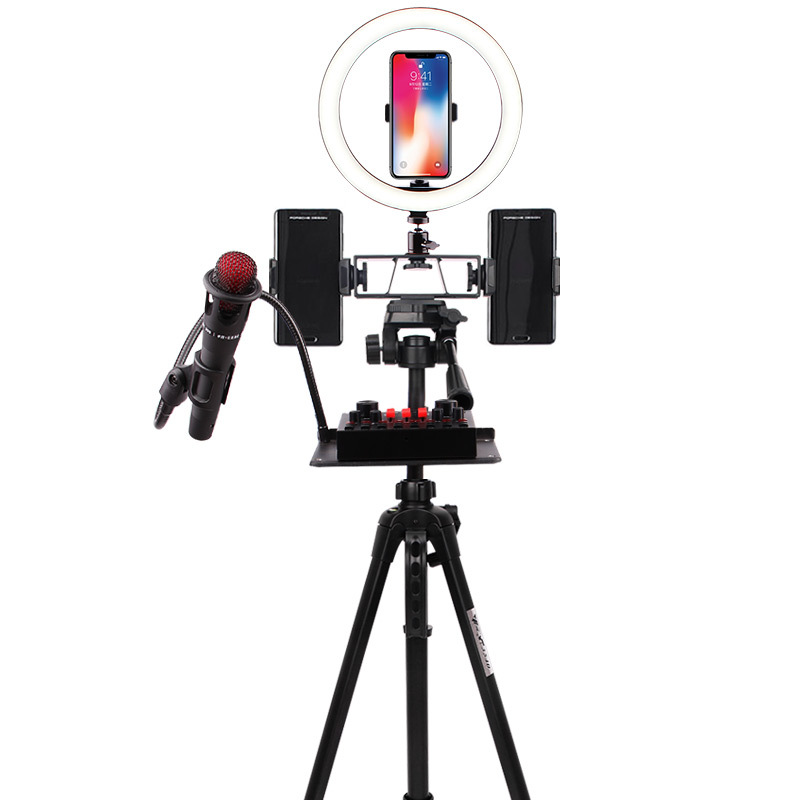 Mobile phone live broadcasting equipment multi-position anchors take photos and video tripod outdoor floor triangle bracket supplementary light 